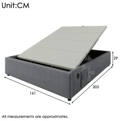 Okwish Lit Coffre Double 160x200 cm avec Coffre de Rangement et Port USB-C, Cadre Bois Massif et Coton Gris, Sans Matelas