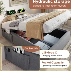 Okwish Lit Coffre Double 160x200 cm avec Coffre de Rangement et Port USB-C, Cadre Bois Massif et Coton Gris, Sans Matelas