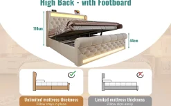 Okwish Lit Coffre Double 140x200 cm avec LED et Ports USB Type-C - Tête de Lit avec Rangement - Velours Beige - Matelas Inclus Clearance