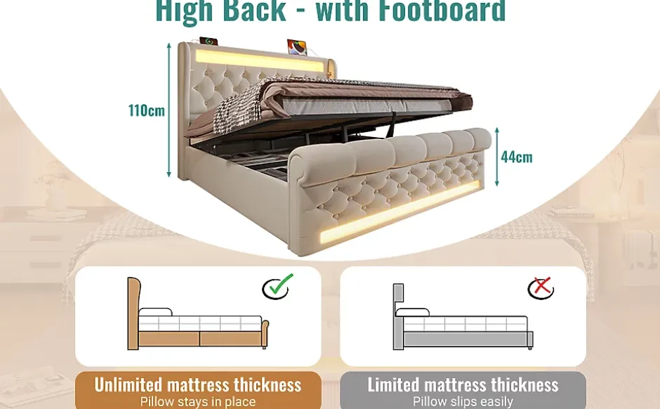 Okwish Lit Coffre Double 140x200 cm avec LED et Ports USB Type-C - Tête de Lit avec Rangement - Velours Beige - Matelas Inclus Clearance