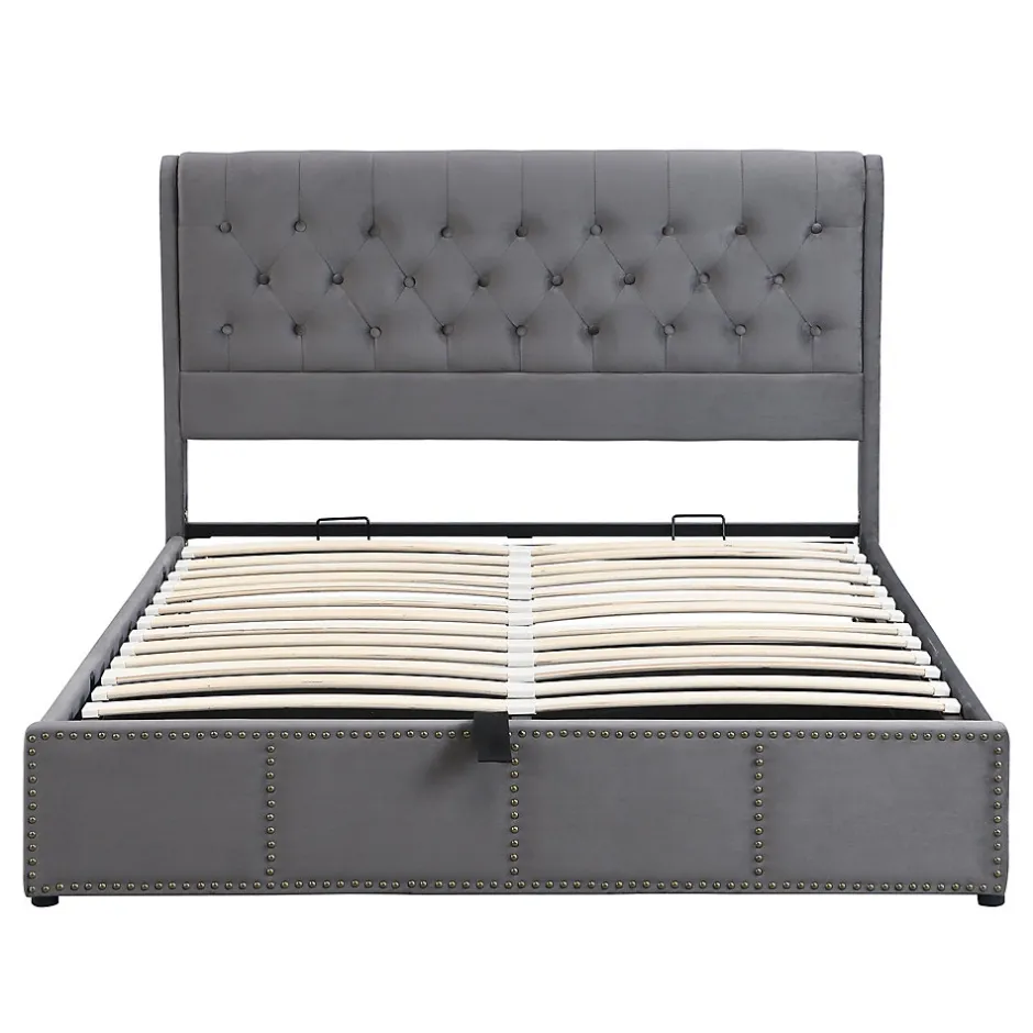 Okwish Lit Coffre Double 140x190 cm avec Système Hydraulique, Lit Capitonné en Velours, Gris - Sans Matelas