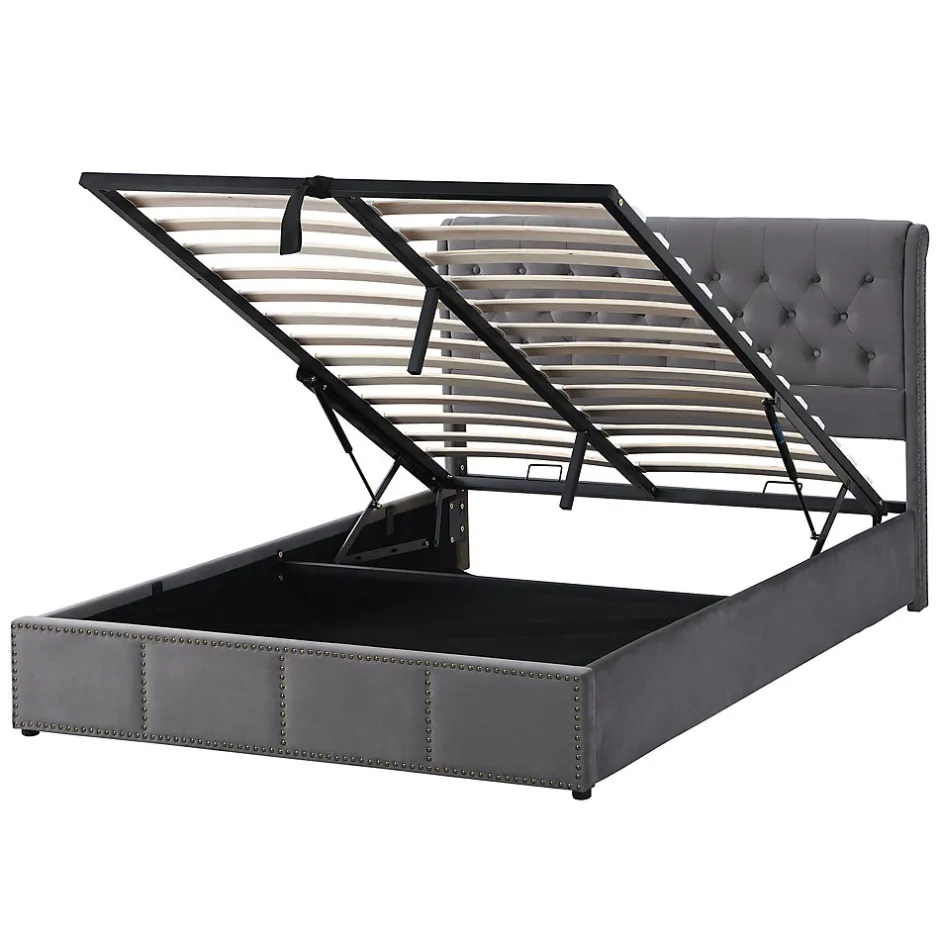 Okwish Lit Coffre Double 140x190 cm avec Système Hydraulique, Lit Capitonné en Velours, Gris - Sans Matelas