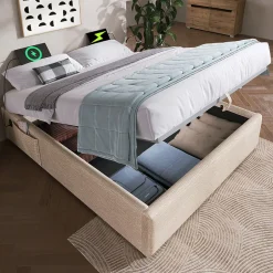 Okwish Lit Coffre Double 160x200 cm avec Rangement Intégré et Port USB-C, Cadre Bois et Lin Beige, Sans Matelas Sale