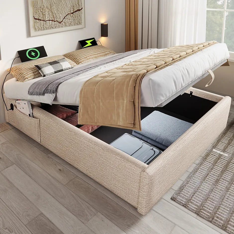 Okwish Lit Coffre Double 160x200 cm avec Rangement Intégré et Port USB-C, Cadre Bois et Lin Beige, Sans Matelas Sale