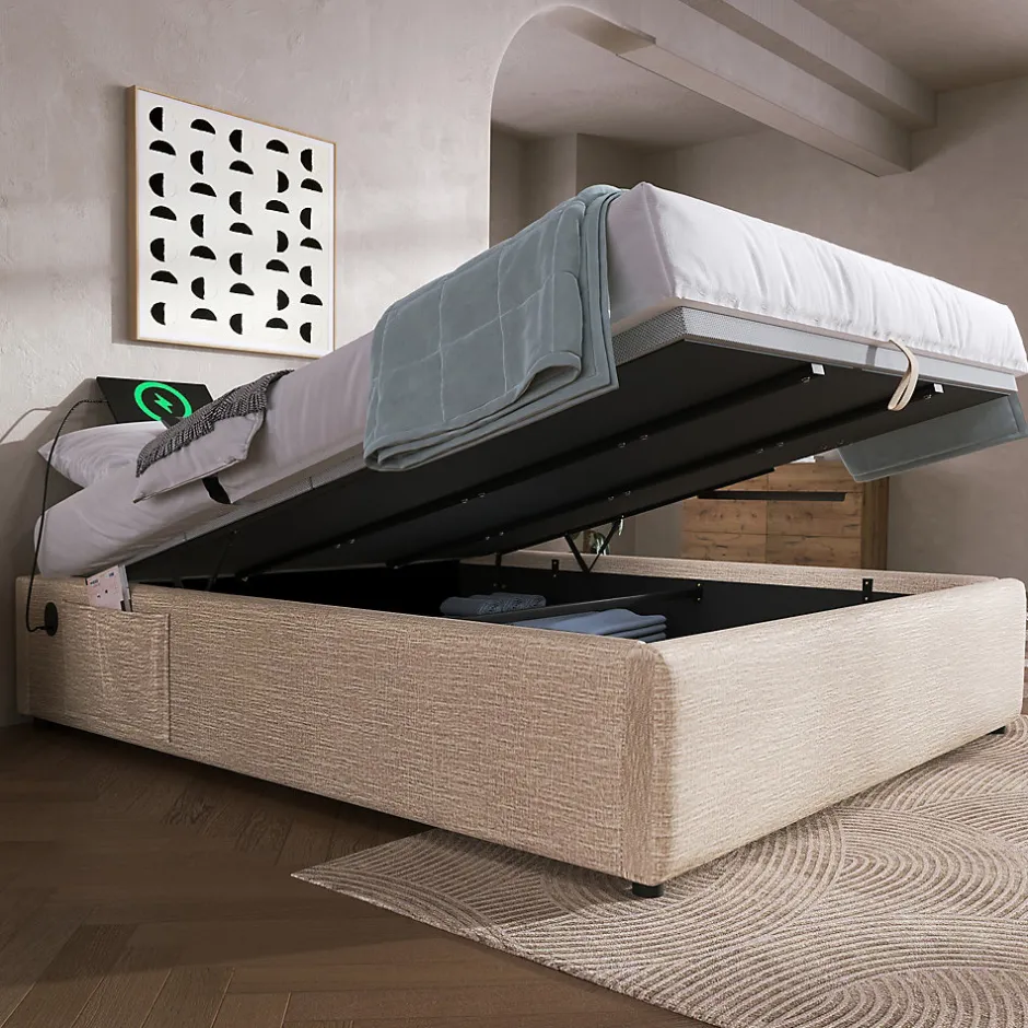 Okwish Lit Coffre Double 160x200 cm avec Rangement Intégré et Port USB-C, Cadre Bois et Lin Beige, Sans Matelas Sale