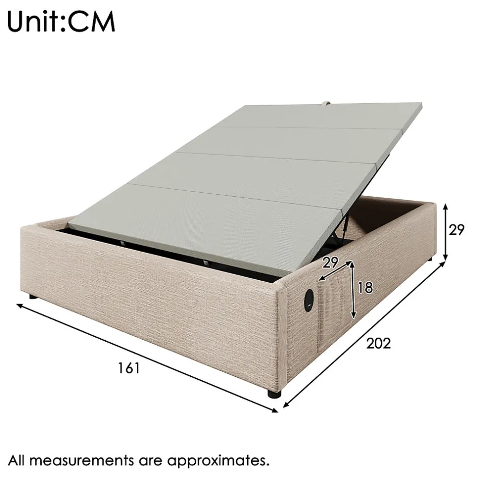 Okwish Lit Coffre Double 160x200 cm avec Rangement Intégré et Port USB-C, Cadre Bois et Lin Beige, Sans Matelas Sale