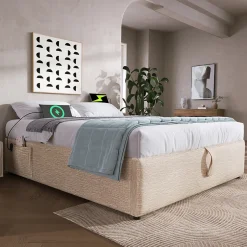 Okwish Lit Coffre Double 160x200 cm avec Rangement Intégré et Port USB-C, Cadre Bois et Lin Beige, Sans Matelas Sale