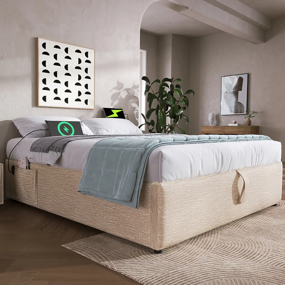 Okwish Lit Coffre Double 160x200 cm avec Rangement Intégré et Port USB-C, Cadre Bois et Lin Beige, Sans Matelas Sale