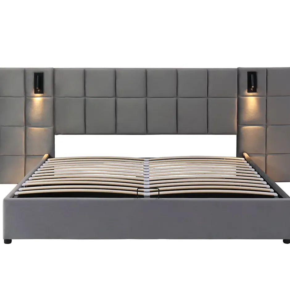 Okwish Lit Coffre Double 160x200 cm avec Lampe Directionnelle et Port USB, Lit Capitonné en Velours, Gris - Sans Matelas Outlet