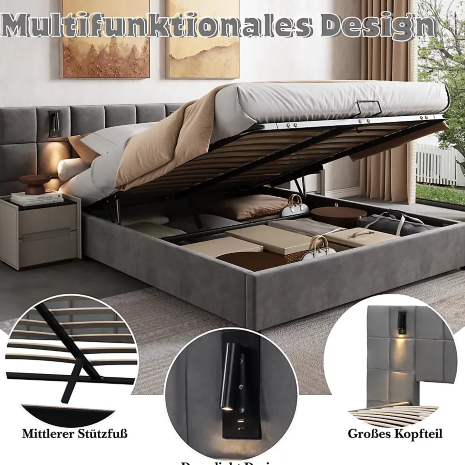 Okwish Lit Coffre Double 160x200 cm avec Lampe Directionnelle et Port USB, Lit Capitonné en Velours, Gris - Sans Matelas Outlet