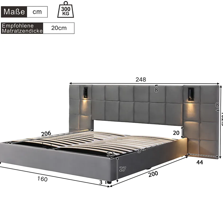Okwish Lit Coffre Double 160x200 cm avec Lampe Directionnelle et Port USB, Lit Capitonné en Velours, Gris - Sans Matelas Outlet