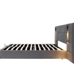 Okwish Lit Coffre Double 160x200 cm avec Lampe Directionnelle et Port USB, Lit Capitonné en Velours, Gris - Sans Matelas Outlet