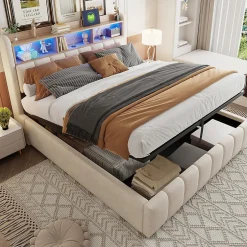 Okwish Lit Coffre Double 180x200 cm Capitonné avec Rangement Hydraulique et Tête de Lit LED - Tissu Lin Beige