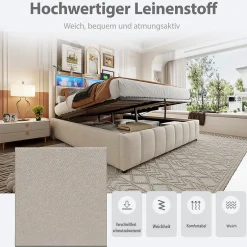 Okwish Lit Coffre Double 180x200 cm Capitonné avec Rangement Hydraulique et Tête de Lit LED - Tissu Lin Beige