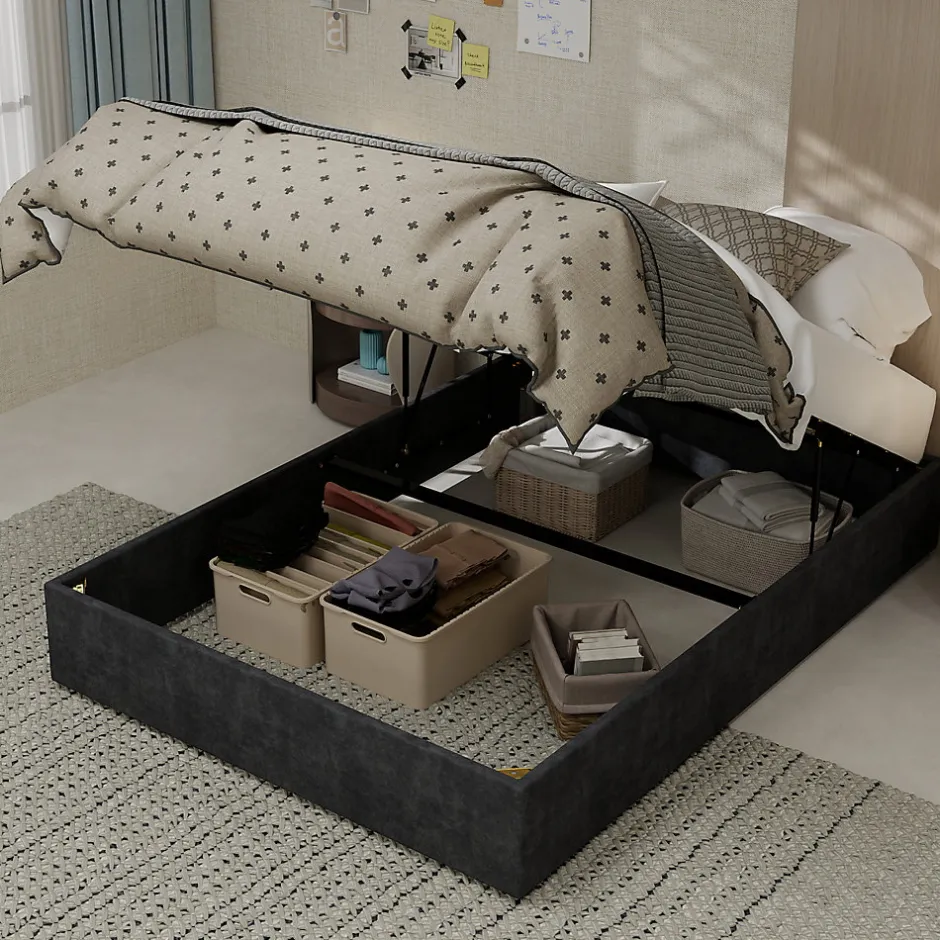Okwish Lit Coffre Double 140x200 cm, Lit Adulte et Ado avec Vérins Hydrauliques et Coffre Intégré, Velours Hollandais Gris, Sans Matelas