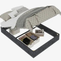 Okwish Lit Coffre Double 140x200 cm, Lit Adulte et Ado avec Vérins Hydrauliques et Coffre Intégré, Velours Hollandais Gris, Sans Matelas