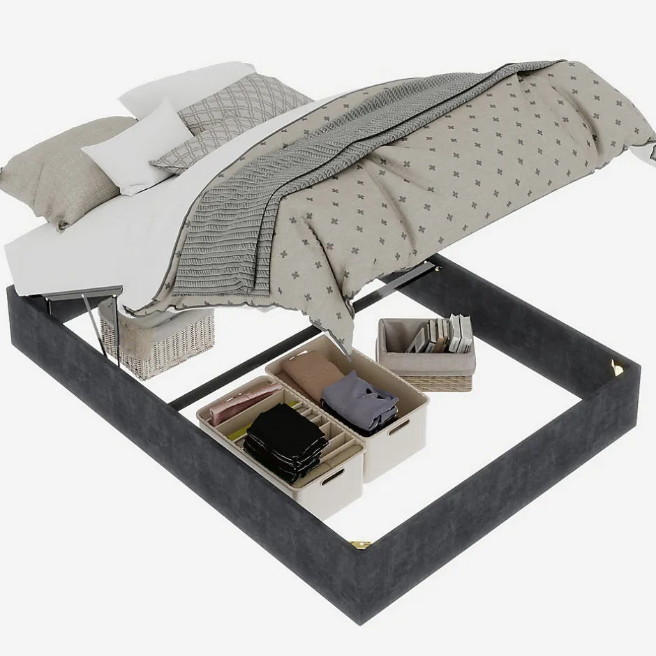 Okwish Lit Coffre Double 140x200 cm, Lit Adulte et Ado avec Vérins Hydrauliques et Coffre Intégré, Velours Hollandais Gris, Sans Matelas