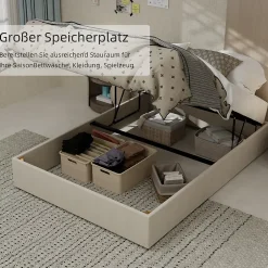 Okwish Lit Coffre Double 140x200 cm, Lit Adulte et Ado avec Vérins Hydrauliques, Cadre Moderne, Velours Hollandais Beige, Sans Matelas Best