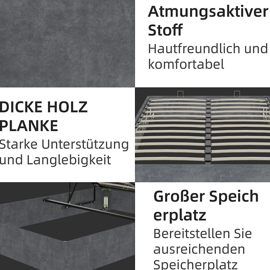 Okwish Lit Coffre Double 140x200 cm, Lit Adulte avec Vérins Hydrauliques et Rangement Intégré, Cadre Robuste, Velours Gris