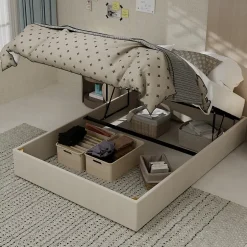 Okwish Lit Coffre Double 140x200 cm, Lit Adulte avec Vérins Hydrauliques, Cadre Moderne en Velours Beige, Sans Matelas Outlet