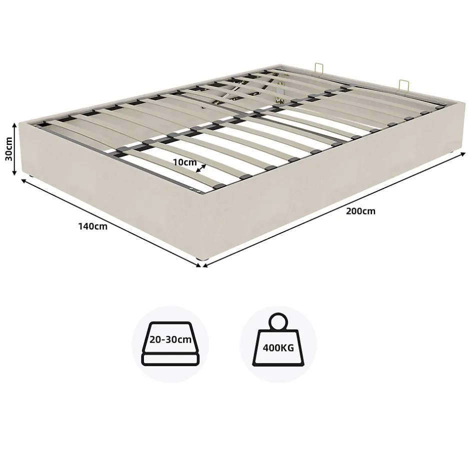 Okwish Lit Coffre Double 140x200 cm, Lit Adulte avec Vérins Hydrauliques, Cadre Moderne en Velours Beige, Sans Matelas Outlet