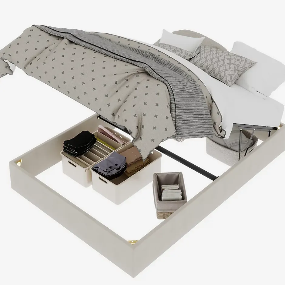 Okwish Lit Coffre Double 140x200 cm, Lit Adulte avec Vérins Hydrauliques, Cadre Moderne en Velours Beige, Sans Matelas Outlet