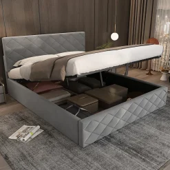 Okwish Lit Coffre Double 140x200 cm, Lit Capitonné en Velours, Grand Espace de Rangement, Gris, Sans Matelas Online