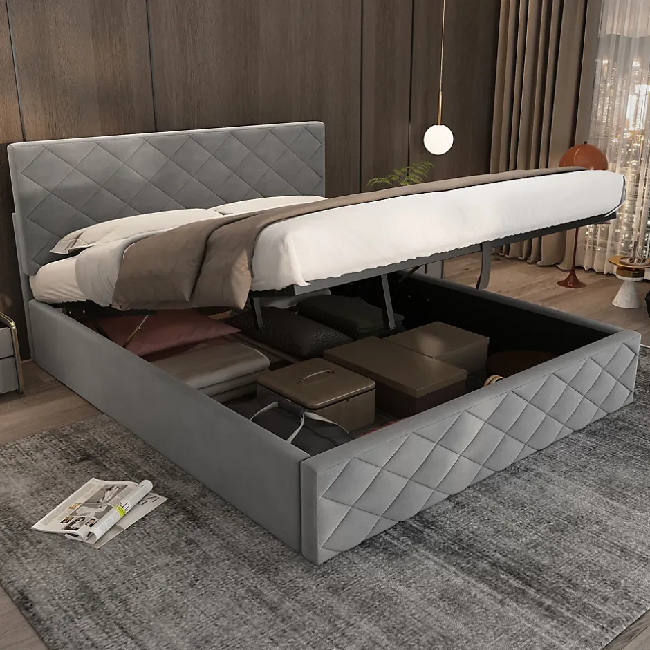 Okwish Lit Coffre Double 140x200 cm, Lit Capitonné en Velours, Grand Espace de Rangement, Gris, Sans Matelas Online