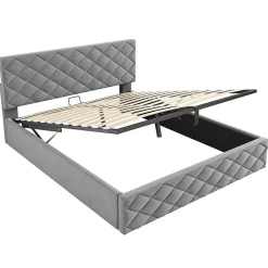 Okwish Lit Coffre Double 140x200 cm, Lit Capitonné en Velours, Grand Espace de Rangement, Gris, Sans Matelas Online