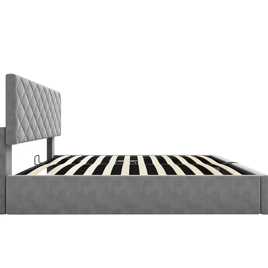 Okwish Lit Coffre Double 140x200 cm, Lit Capitonné en Velours, Grand Espace de Rangement, Gris, Sans Matelas Online