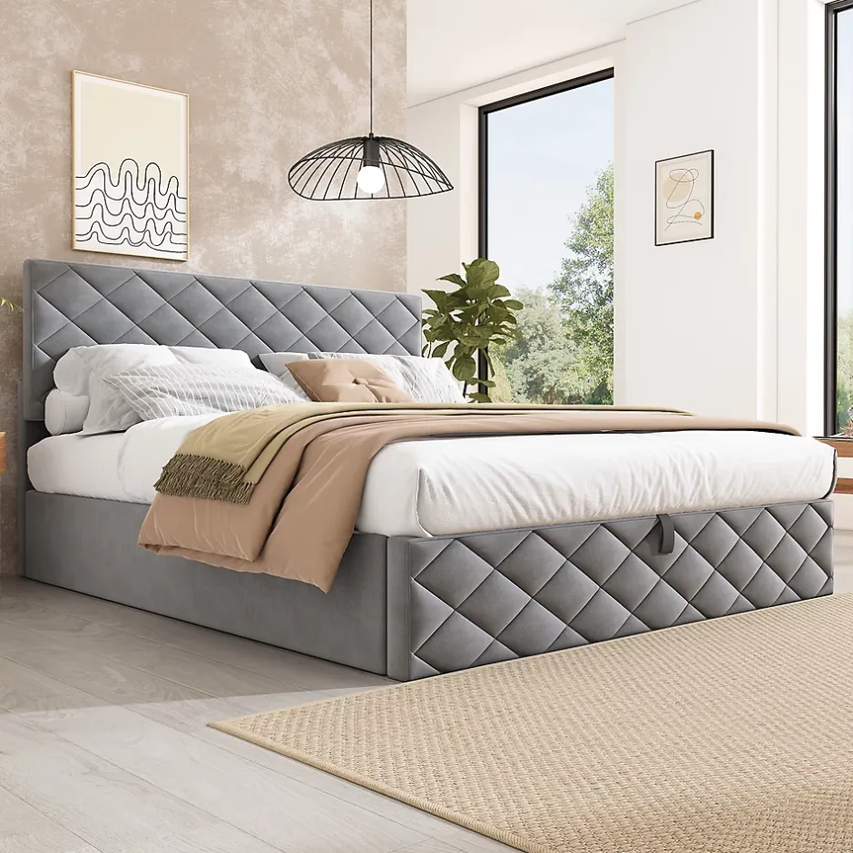 Okwish Lit Coffre Double 140x200 cm, Lit Capitonné en Velours, Grand Espace de Rangement, Gris, Sans Matelas Online