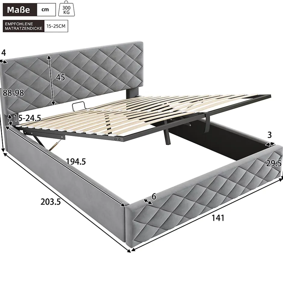Okwish Lit Coffre Double 140x200 cm, Lit Capitonné en Velours, Grand Espace de Rangement, Gris, Sans Matelas Online