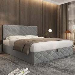 Okwish Lit Coffre Double 140x200 cm, Lit Capitonné en Velours, Grand Espace de Rangement, Gris, Sans Matelas Online