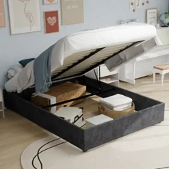 Okwish Lit Coffre Double 160x200 cm, Lit Adulte et Ado avec Vérins Hydrauliques, Cadre Moderne en Velours Hollandais Gris, Sans Matelas