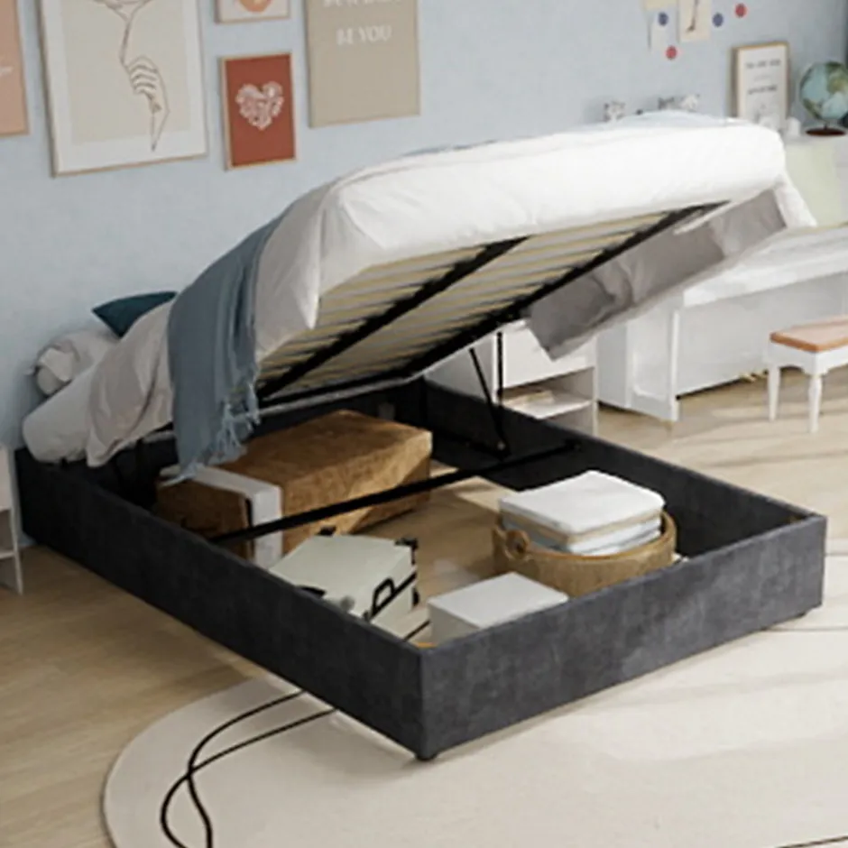Okwish Lit Coffre Double 160x200 cm, Lit Adulte et Ado avec Vérins Hydrauliques, Cadre Moderne en Velours Hollandais Gris, Sans Matelas