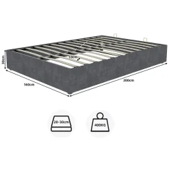 Okwish Lit Coffre Double 160x200 cm, Lit Adulte et Ado avec Vérins Hydrauliques, Cadre Moderne en Velours Hollandais Gris, Sans Matelas