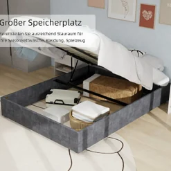 Okwish Lit Coffre Double 160x200 cm, Lit Adulte et Ado avec Vérins Hydrauliques, Cadre Moderne en Velours Hollandais Gris, Sans Matelas