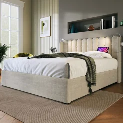 Blackcolors Lit Coffre Double 160x200cm Rembourré Rangement Lin Naturel