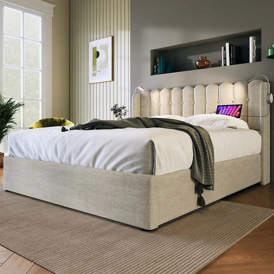 Blackcolors Lit Coffre Double 160x200cm Rembourré Rangement Lin Naturel