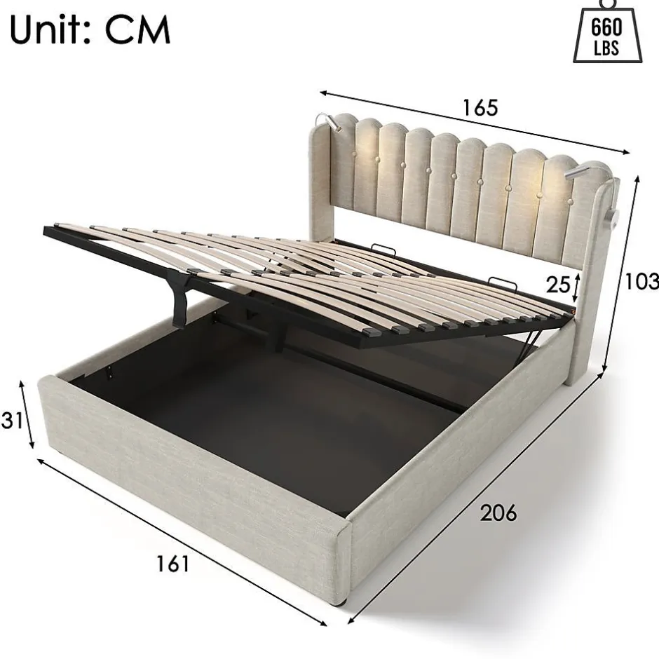 Blackcolors Lit Coffre Double 160x200cm Rembourré Rangement Lin Naturel