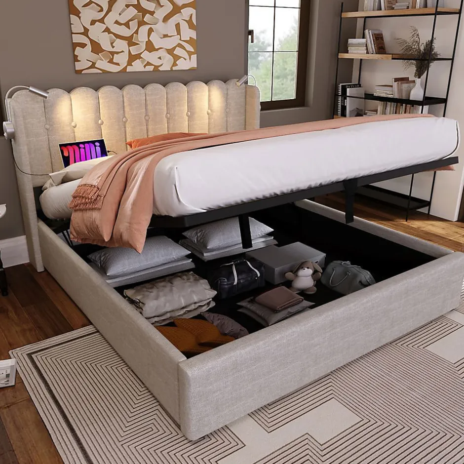 Blackcolors Lit Coffre Double 160x200cm Rembourré Rangement Lin Naturel