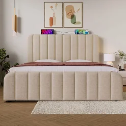 Blackcolors Lit Coffre Double 140x200cm Rembourré Usb-C Lin Beige