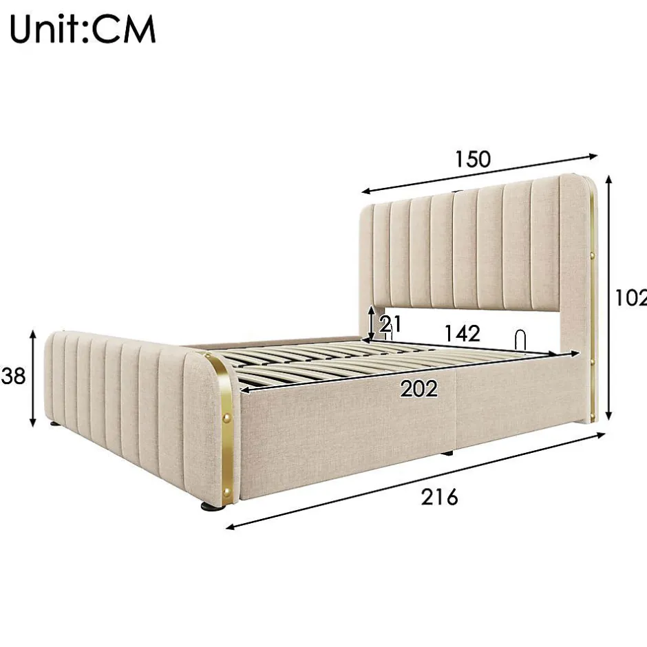 Blackcolors Lit Coffre Double 140x200cm Rembourré Usb-C Lin Beige