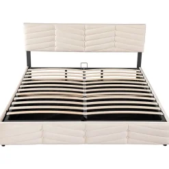 Blackcolors Lit Coffre Double 180x200cm Velours Tête Réglable Rayé Blanc Cassé