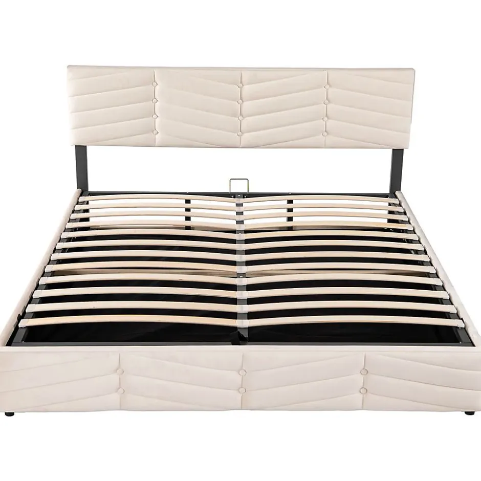 Blackcolors Lit Coffre Double 180x200cm Velours Tête Réglable Rayé Blanc Cassé