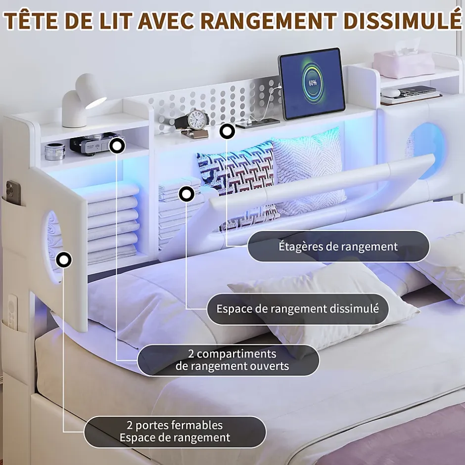 ProximaX Lit coffre en cuir PU 140x200 cm blanc avec tête de lit lumineuse, rangement à vérins, ports USB et USB-C, design moderne Online