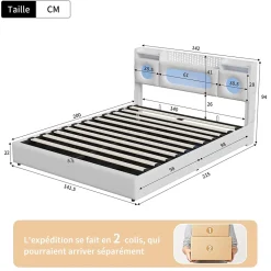 ProximaX Lit coffre en cuir PU 140x200 cm blanc avec tête de lit lumineuse, rangement à vérins, ports USB et USB-C, design moderne Online