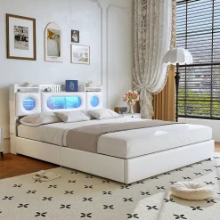 ProximaX Lit coffre en cuir PU 140x200 cm blanc avec tête de lit lumineuse, rangement à vérins, ports USB et USB-C, design moderne Online