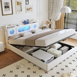 ProximaX Lit coffre en cuir PU 140x200 cm blanc avec tête de lit lumineuse, rangement à vérins, ports USB et USB-C, design moderne Online