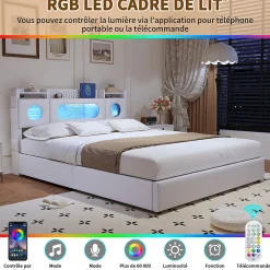 ProximaX Lit coffre en cuir PU 140x200 cm blanc avec tête de lit lumineuse, rangement à vérins, ports USB et USB-C, design moderne Online